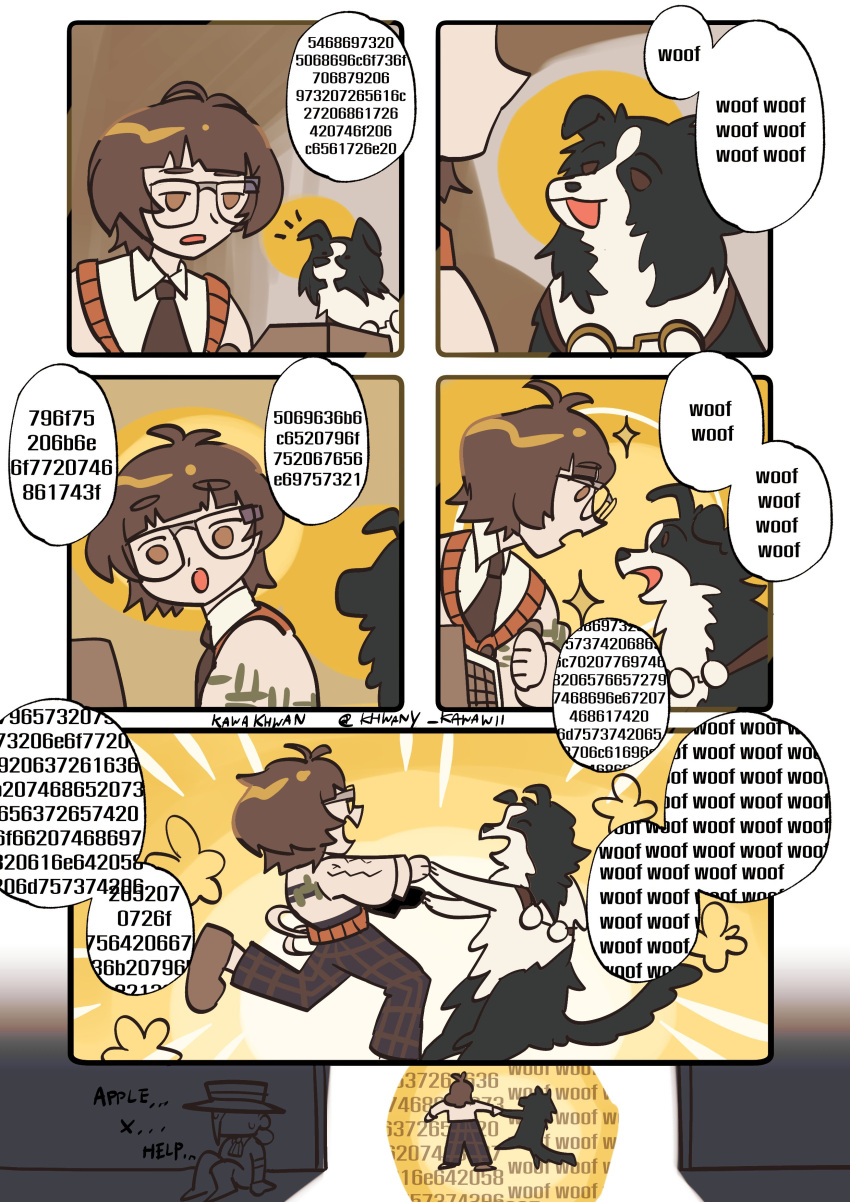 2girls, absurdres, brown_hair, comic, dog, english_text, glasses, happy