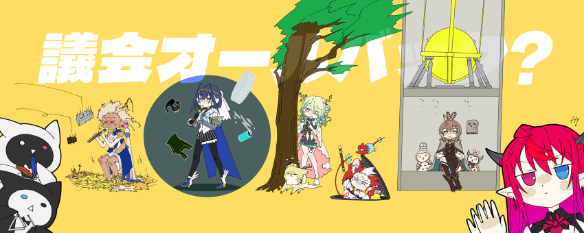 >_<, 6+girls, ?, ahoge, animal_ears, antlers, asymmetrical_legwear, bag
