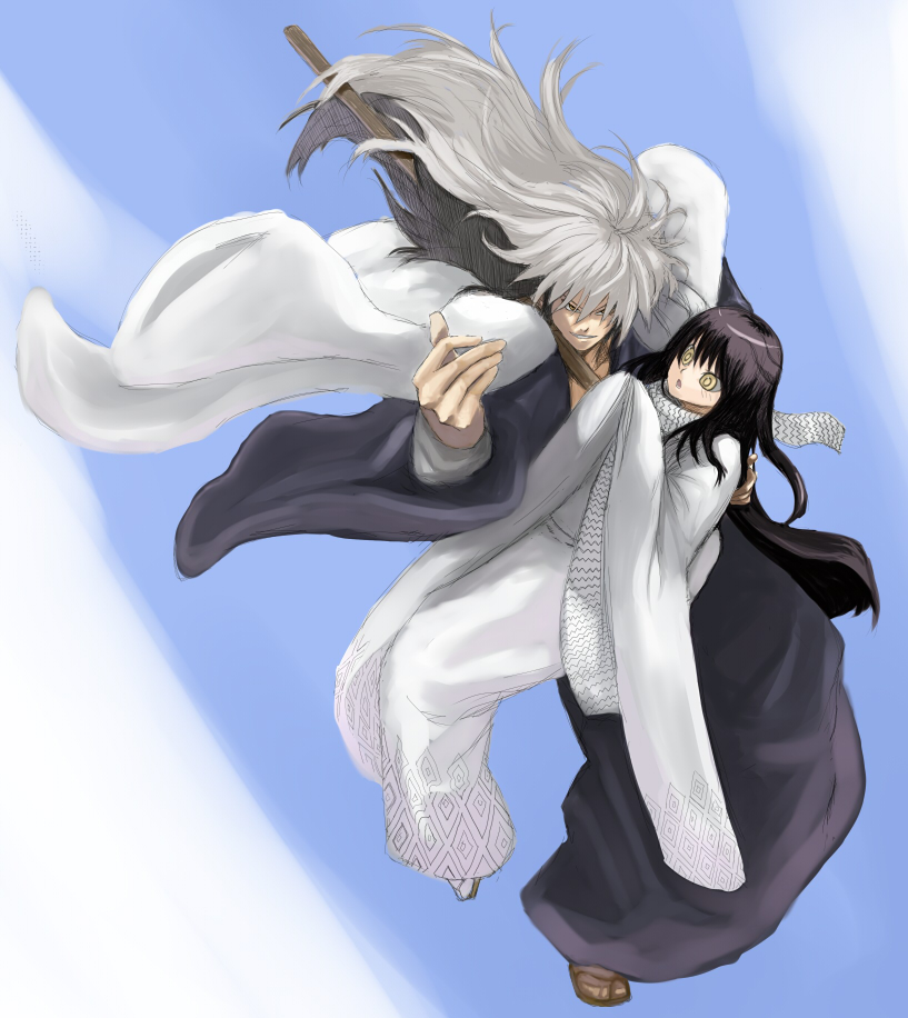 1girl, couple, japanese_clothes, kimono, long_hair, male, multicolored_hair, nura_rikuo, nurarihyon_no_mago, scarf, striped, striped_scarf, tare, white_hair, yellow_eyes, yuki_onna_(nurarihyon_no_mago)