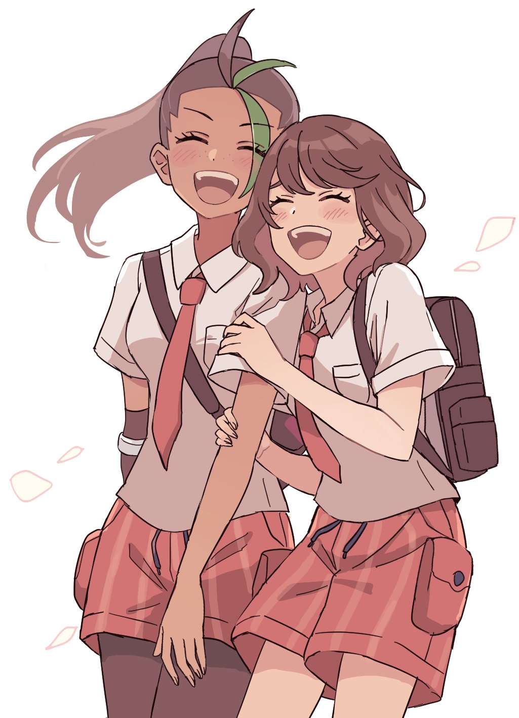 2girls, anna_(pokemon), backpack, bag, black_hair, blush, brown_hair, closed_eyes
