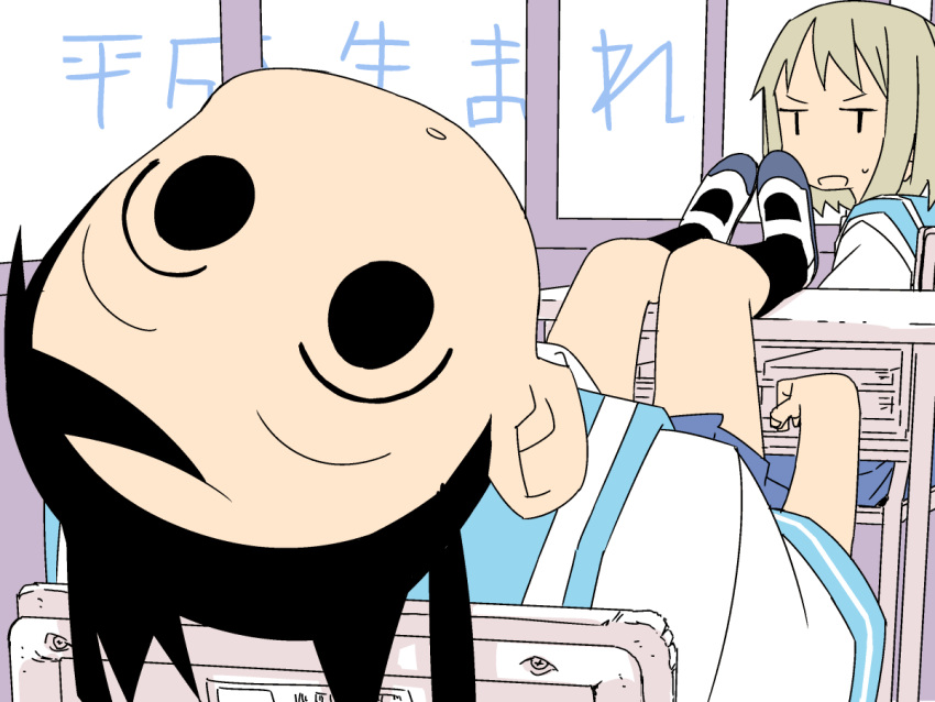 2girls, black_eyes, black_hair, black_socks, blonde_hair, blue_sailor_collar, blue_skirt, classroom