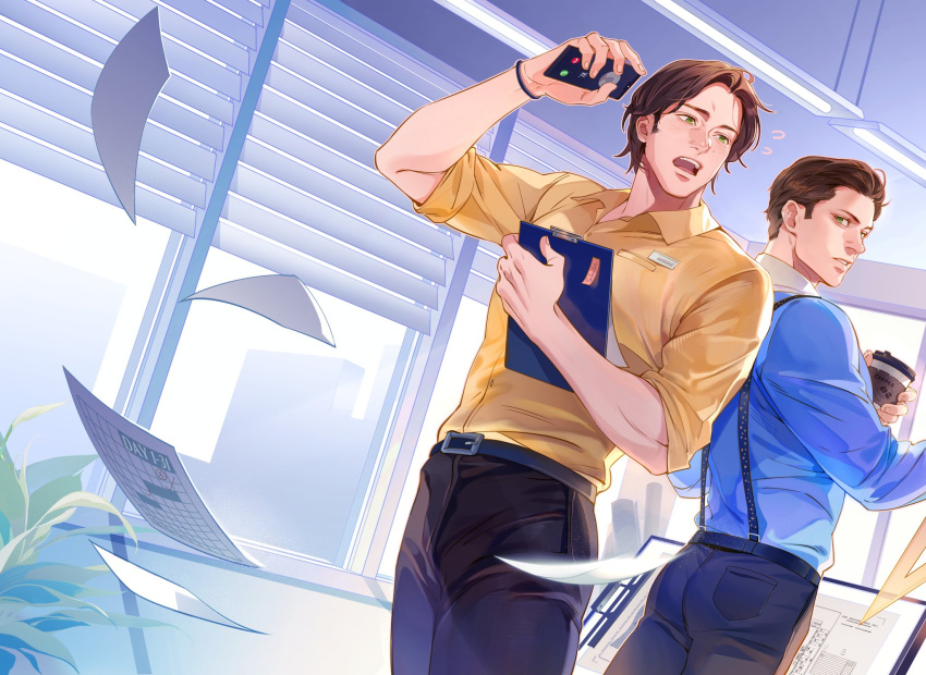 2boys, belt, black_belt, black_pants, blue_shirt, brothers, brown_hair, brown_pants, calendar_(object), cellphone, clipboard, coffee, collared_shirt, cup, dean_winchester, green_eyes, highres, holding, holding_clipboard, holding_cup, holding_phone, long_sleeves, looking_at_another, looking_back, male_focus, multiple_boys, name_tag, pants, papers, parted_lips, phone, pocket, sam_winchester, shirt, short_hair, siblings, sleeves_rolled_up, smartphone, supernatural_(tv_series), suspenders, tobu_0w0, window_blinds, yellow_shirt