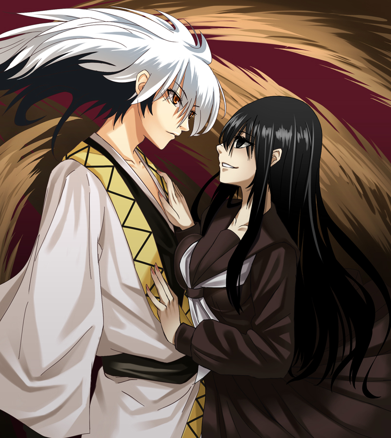 black_hair, go_go, gogochi, hagoromo_kitsune, long_hair, male, multicolored_hair, nura_rikuo, nurarihyon_no_mago, orange_eyes, school_uniform, white_hair