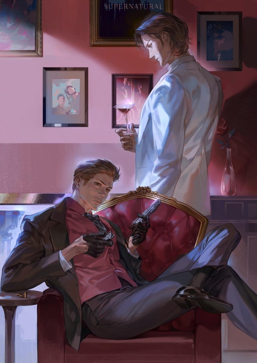 2boys, alcohol, black_bow, black_bowtie, black_footwear, black_gloves, black_jacket, black_shirt, black_socks, bow, bowtie, brothers, brown_eyes, brown_hair, bullet, closed_mouth, cocktail_glass, crossed_legs, cup, dean_winchester, dress_shoes, drinking_glass, flower, gloves, gun, handgun, highres, holding, holding_cup, indoors, jacket, looking_ahead, looking_down, male_focus, multiple_boys, picture_frame, red_flower, red_rose, red_vest, rose, sam_winchester, shirt, short_hair, siblings, sideburns, socks, supernatural_(tv_series), table, tobu_0w0, vase, vest, weapon, white_jacket, wine