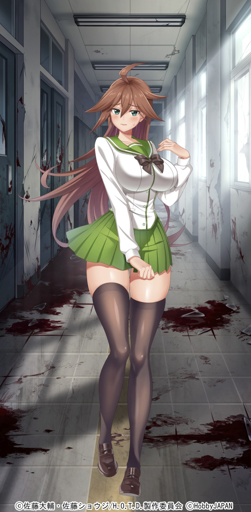 1girl, ahoge, aqua_eyes, black_footwear, black_necktie, black_thighhighs, blood, blood_on_ground, blood_on_wall, blush, breasts, brown_hair, closed_mouth, copyright_notice, day, full_body, green_skirt, hair_between_eyes, highres, highschool_of_the_dead, indoors, lamp, large_breasts, long_hair, long_sleeves, miniskirt, necktie, nyx_(queen's_blade), official_art, pleated_skirt, queen's_blade, queen's_blade_limit_break, school, shirt, shoes, skirt, solo, standing, straight_hair, sunlight, thigh-highs, thighs, very_long_hair, white_shirt, window, zettai_ryouiki