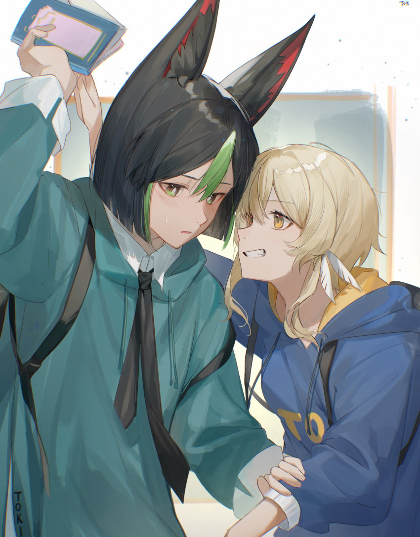 1boy, 1girl, alternate_costume, animal_ear_fluff, animal_ears, aqua_hoodie, backpack, bag, black_hair, black_necktie, blonde_hair, blue_hoodie, book, fox_boy, fox_ears, genshin_impact, green_eyes, green_hair, hair_between_eyes, hair_ornament, hetero, highres, holding, holding_book, hood, hoodie, long_hair, long_sleeves, lumine_(genshin_impact), multicolored_hair, necktie, short_hair, smile, streaked_hair, teeth, tighnari_(genshin_impact), tokirda, yellow_eyes