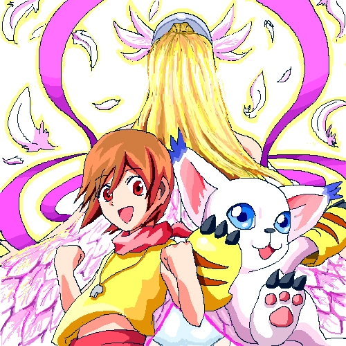 angel, angewomon, animal_ears, blue_eyes, brown_hair, cat, cat_ears, digimon