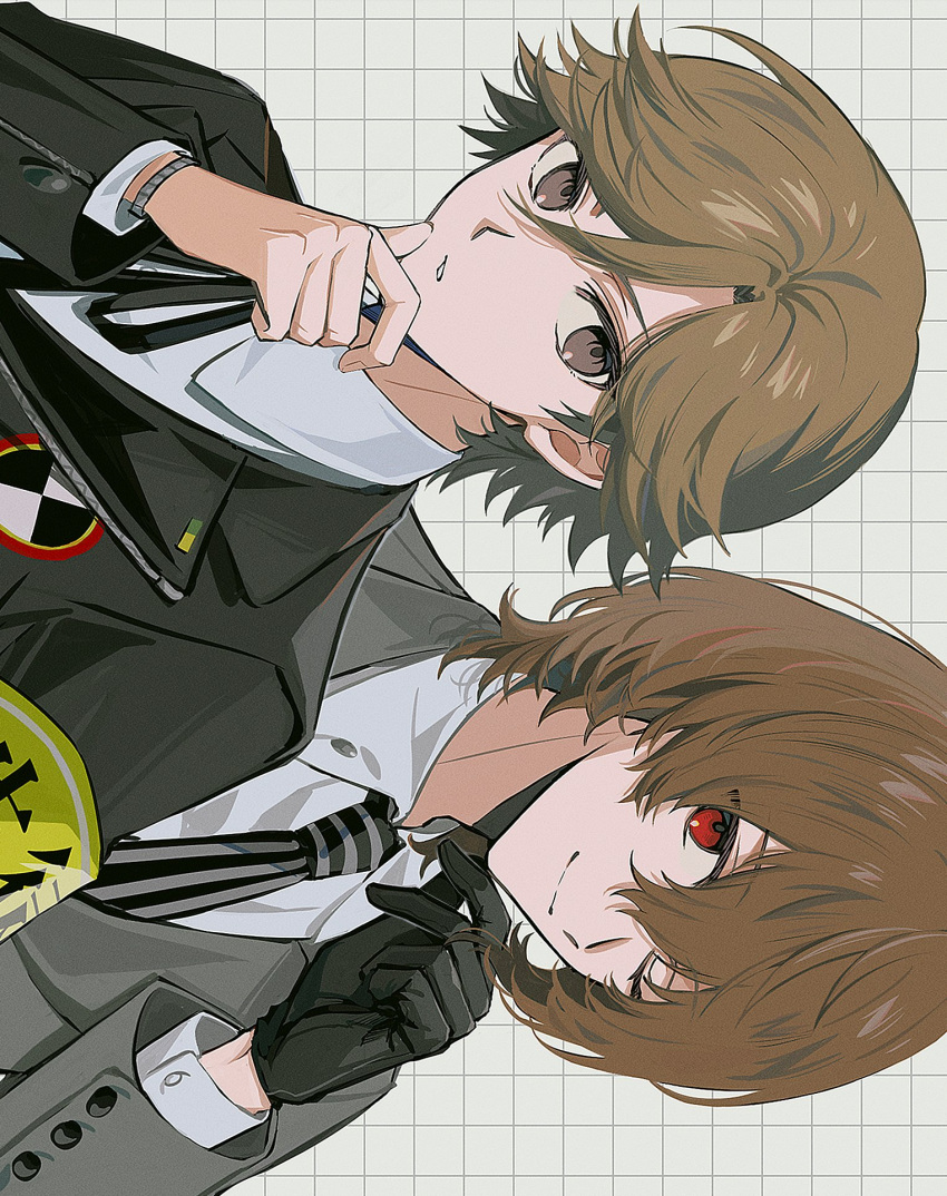 2boys, aged_up, akechi_gorou, amada_ken, armband, black_gloves, black_jacket, black_ribbon