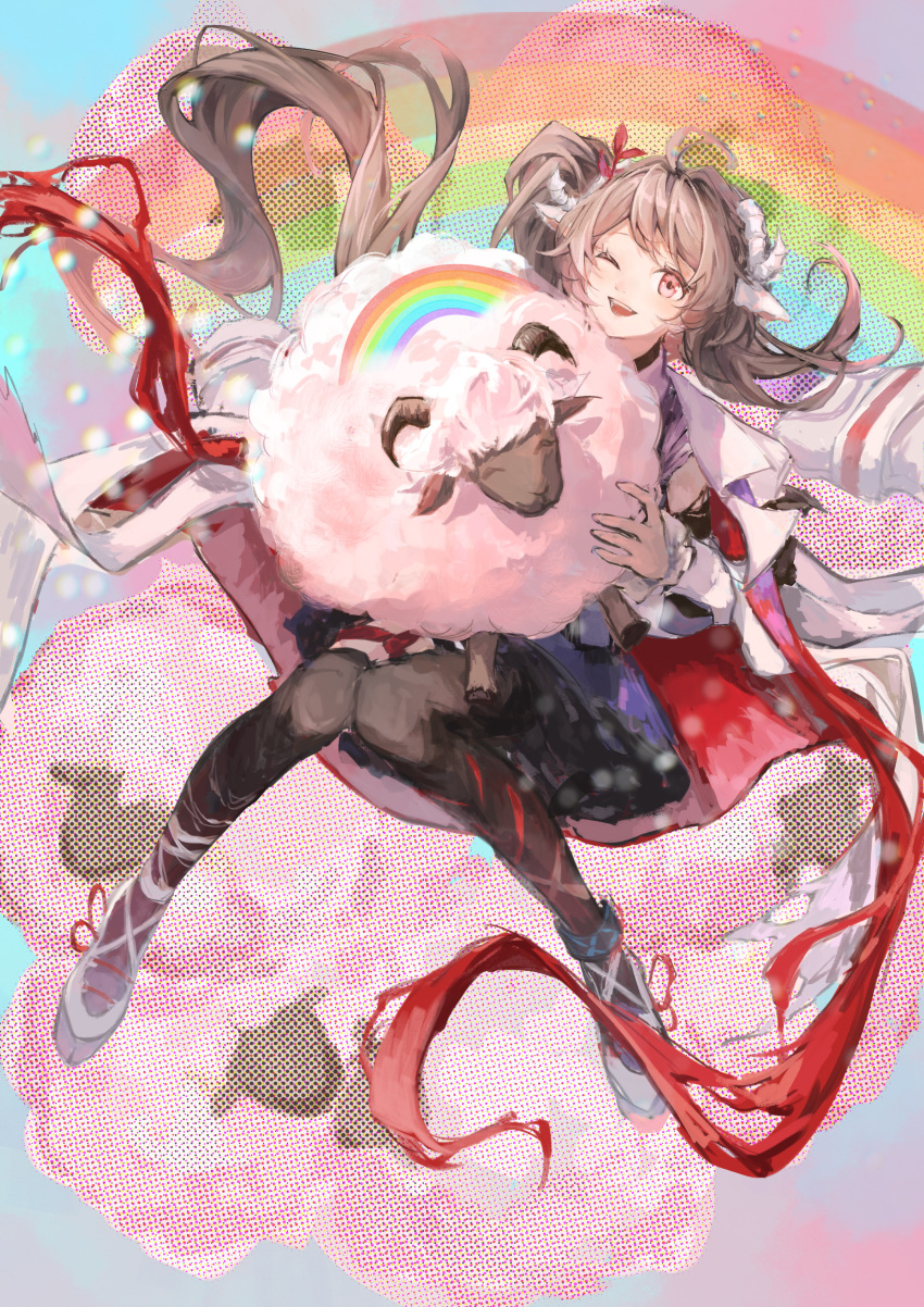 0099102419, 1girl, ;d, absurdres, ahoge, animal, animal_ears, arknights, black_thighhighs, eyjafjalla_(arknights), eyjafjalla_the_hvit_aska_(arknights), flower, hair_flower, hair_ornament, highres, holding, holding_animal, holding_sheep, horns, jacket, jacket_on_shoulders, long_hair, long_sleeves, looking_at_viewer, official_alternate_costume, one_eye_closed, open_mouth, procreate_(medium), purple_shirt, rainbow, red_ribbon, ribbon, sheep_ears, sheep_girl, sheep_horns, shirt, smile, solo, teeth, thigh-highs, upper_teeth_only, very_long_hair, white_jacket