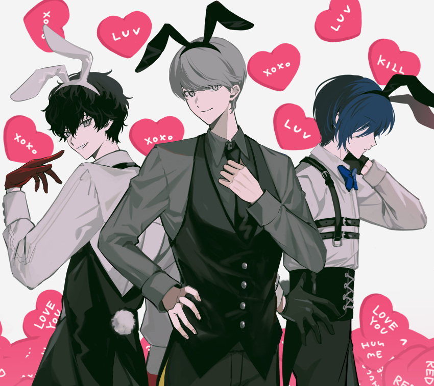 3boys, amamiya_ren, animal_ears, black_gloves, black_hair, black_vest, blue_hair, bow