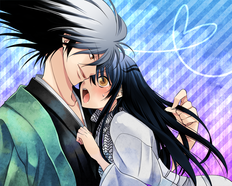 1girl, blue_hair, blush, couple, japanese_clothes, kimono, long_hair, marina_(artist), multicolored_hair, nura_rikuo, nurarihyon_no_mago, open_mouth, scarf, striped, striped_scarf, white_hair, yellow_eyes, yuki_onna_(nurarihyon_no_mago)