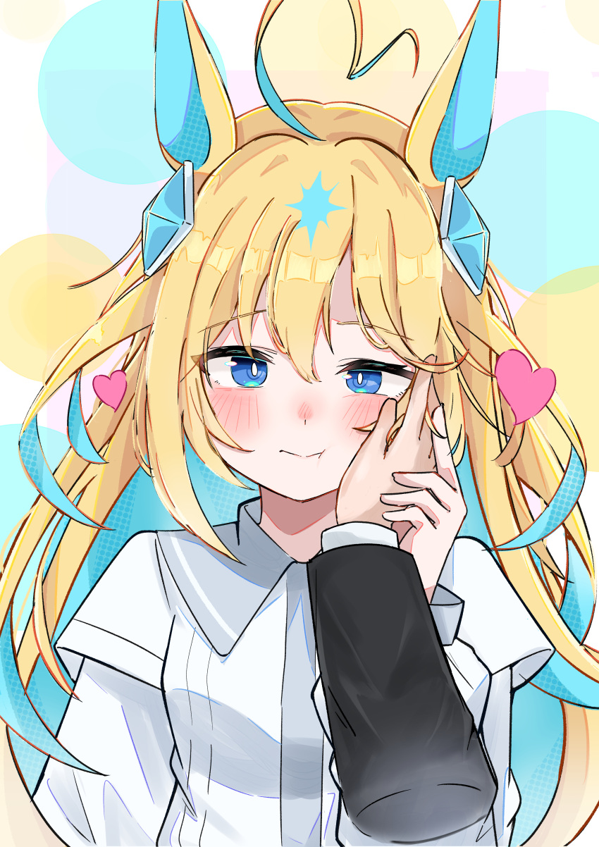 1girl, absurdres, ahoge, alternate_costume, animal_ears, blue_eyes, blush, breasts, casual, closed_mouth, commentary_request, hair_between_eyes, hair_ornament, hand_on_another's_cheek, hand_on_another's_face, heart, heart_ahoge, highres, holding_hands, horse_ears, horse_girl, neo_universe_(umamusume), ponzu_purin, portrait, pov, pov_hands, simple_background, small_breasts, solo_focus, umamusume, white_background