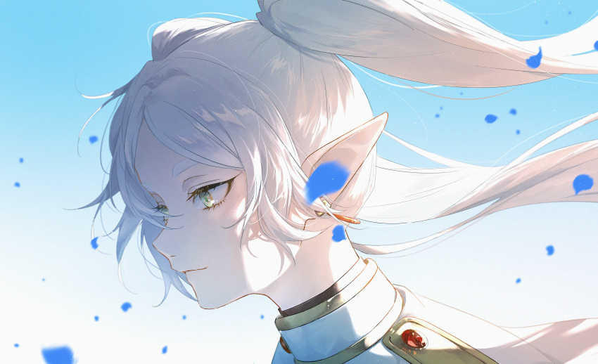 1girl, absurdres, blue_petals, closed_mouth, coat, drop_earrings, earrings, elf