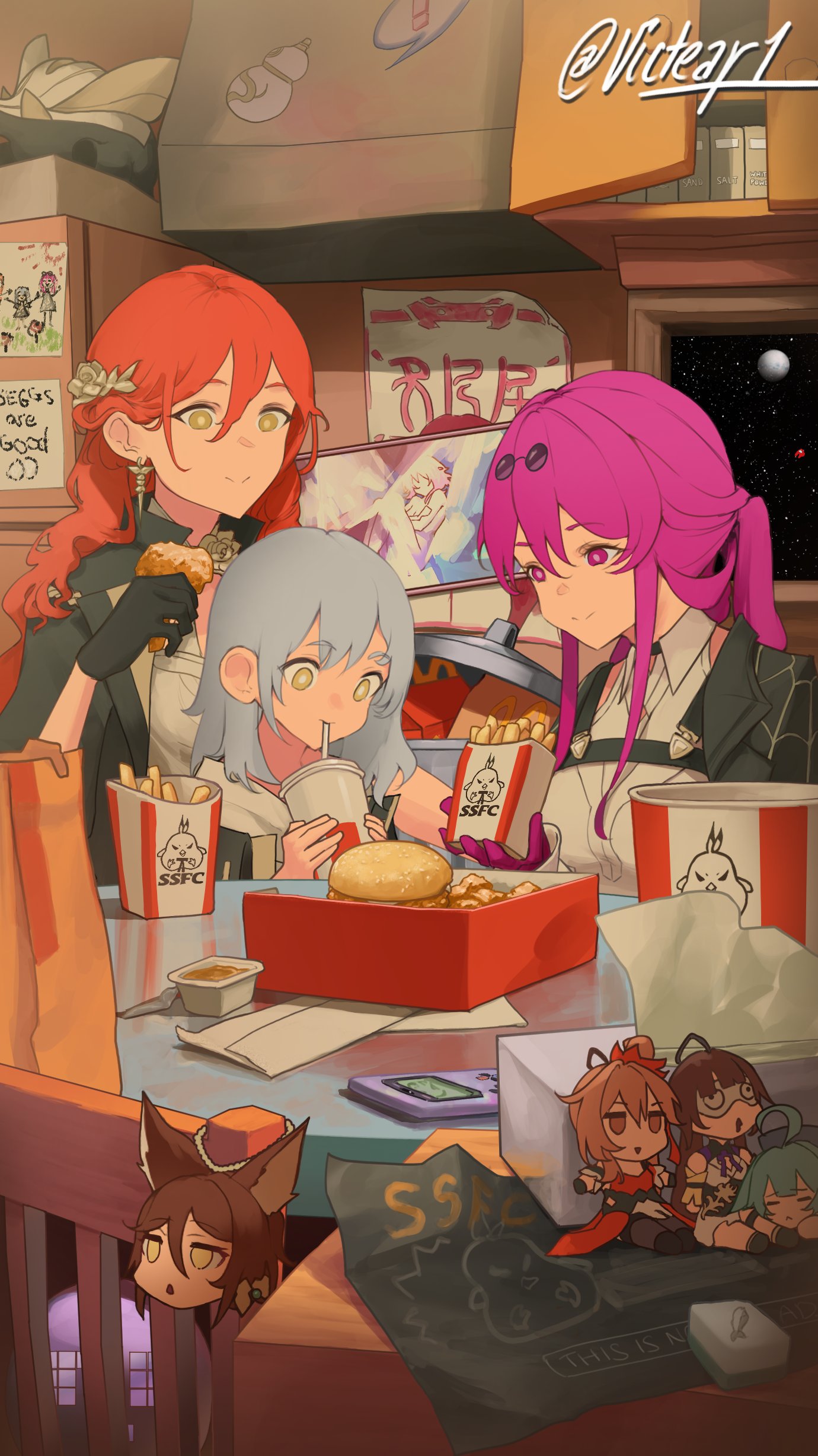 3girls, absurdres, bag, burger, chair, character_request, child, closed_mouth