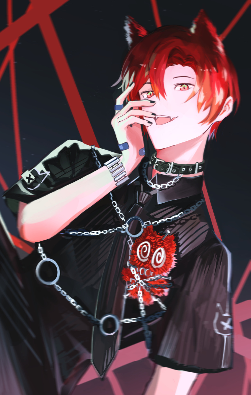 1boy, animal_ears, bandaid, bandaid_on_hand, black_background, black_collar, black_nails, black_necktie