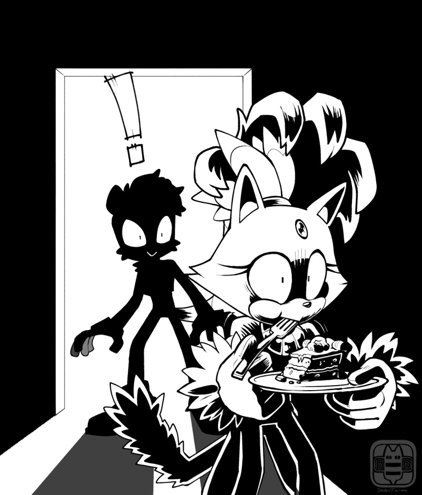 !, 2girls, animal_ears, blaze_the_cat, cake, cake_slice, cat_ears, cat_girl, cat_tail, deebs, eating, eyelashes, food, forehead_jewel, fork, fur-trimmed_gloves, fur_trim, gloves, highres, holding, holding_fork, holding_plate, monochrome, multiple_girls, plate, ponytail, smile, sonic_(series), tail, tangle_the_lemur