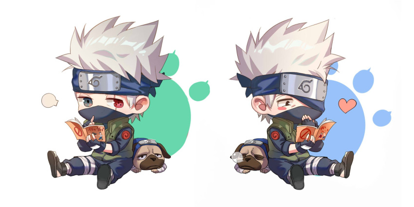 1boy, animal, black_footwear, black_gloves, blue_headband, blush_stickers, book, chibi