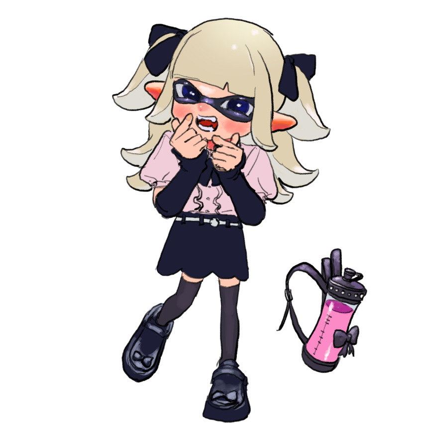 1girl, arm_warmers, black_arm_warmers, black_bow, black_footwear, black_skirt, black_thighhighs, blonde_hair