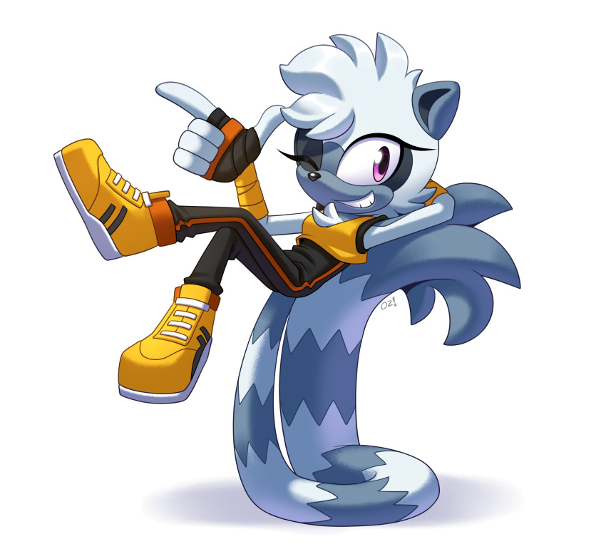1girl, absurdres, animal_ears, arm_behind_head, black_jumpsuit, drstarline, fingerless_gloves, full_body, furry, furry_female, gloves, grin, highres, jumpsuit, looking_at_viewer, one_eye_closed, pointing, shirt, shoes, sleeveless, smile, solo, sonic_(series), tail, tangle_the_lemur, teeth, violet_eyes, yellow_footwear, yellow_shirt