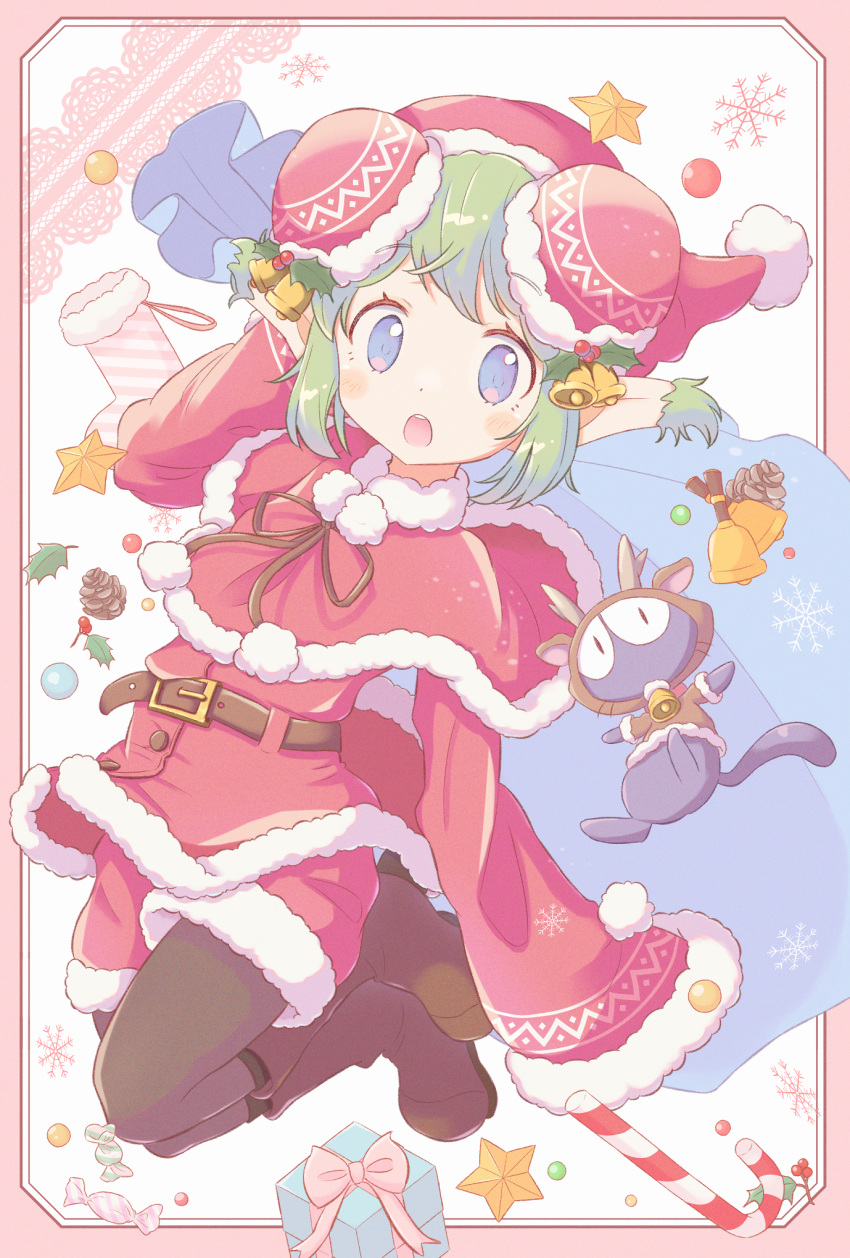 1girl, animal_costume, bell, belt, black_cat, blue_bag, blue_eyes, border