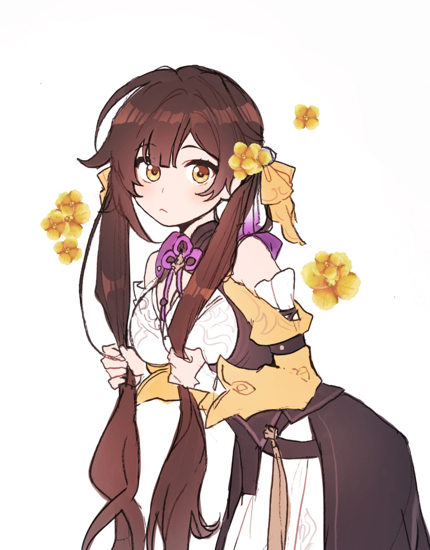 1girl, 5rwpvc, brown_hair, chinese_clothes, closed_mouth, cowboy_shot, flower, highres