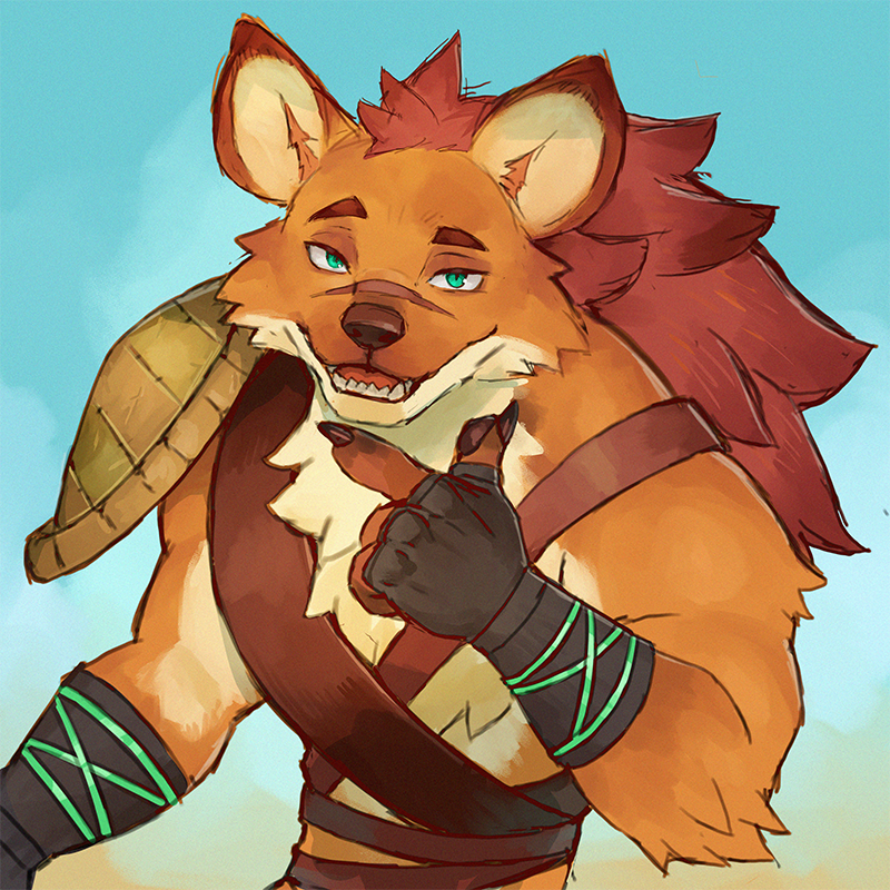 1boy, afk_journey, armor, blue_sky, chinese_commentary, claws, eddie_(afk_journey), fangs, fingerless_gloves, furry, furry_male, gloves, green_eyes, hyena_boy, hyena_ears, looking_at_viewer, male_focus, pauldrons, pawpads, raised_eyebrow, rossciaco, scar, scar_on_face, scar_on_nose, shoulder_armor, single_pauldron, sky, smile, upper_body