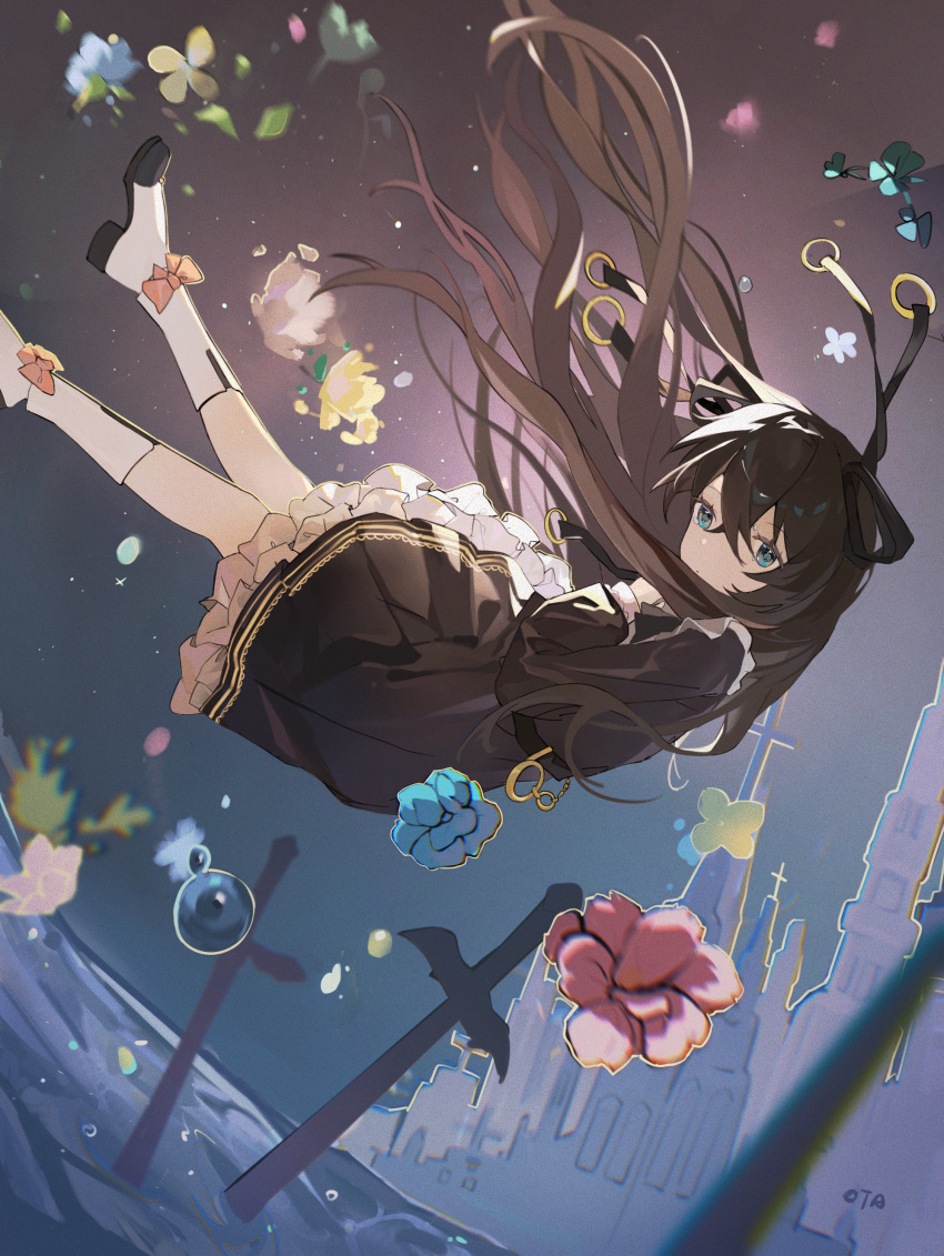 1girl, absurdres, arcaea, black_dress, black_hair, black_ribbon, blue_eyes, blue_flower, bow, bubble, building, cross, dress, expressionless, falling, flower, frilled_dress, frills, hair_ribbon, highres, long_hair, long_sleeves, looking_at_viewer, otarc, planted, planted_sword, ribbon, solo, sword, tairitsu_(arcaea), tairitsu_(axium)_(arcaea), weapon, yellow_flower
