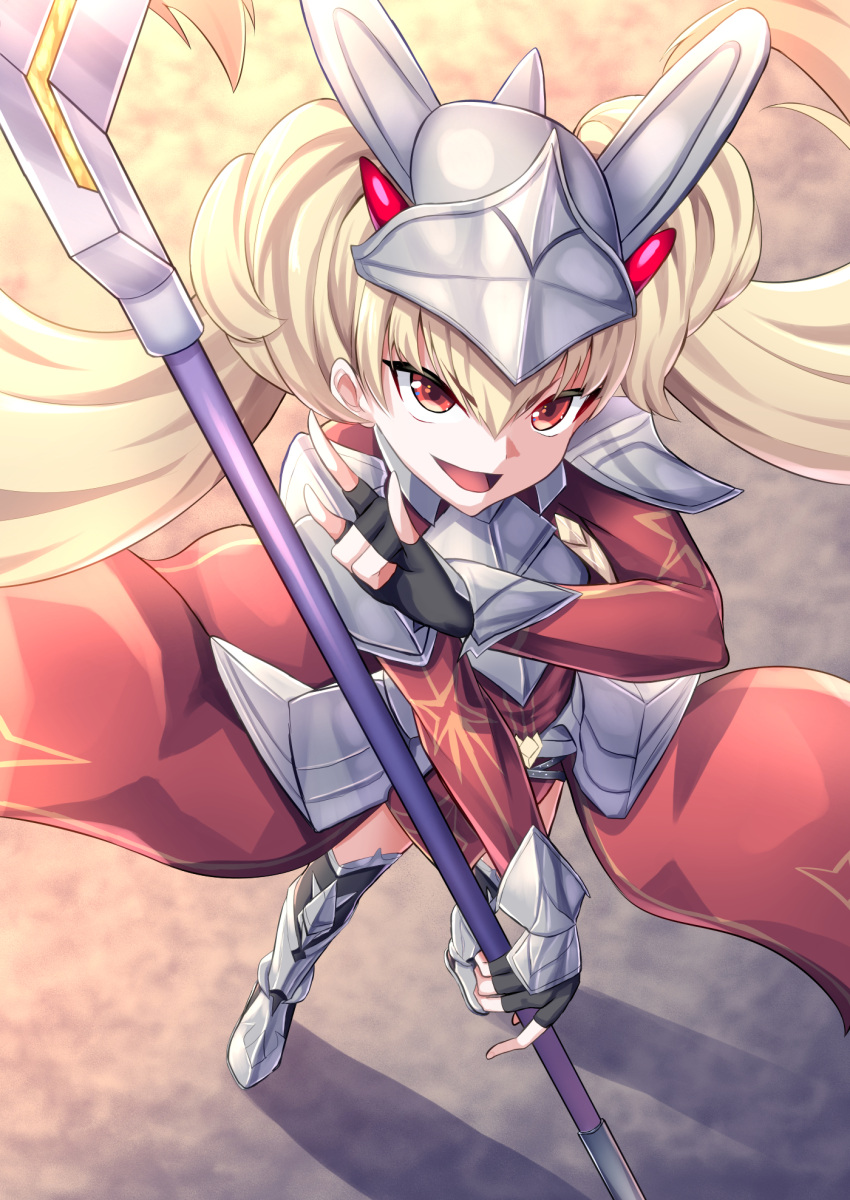 1girl, \m/, armor, blonde_hair, centur-ion_primera, dress, duel_monster, fingerless_gloves, gloves, highres, holding, holding_polearm, holding_weapon, long_hair, metal_boots, polearm, red_dress, red_eyes, tattuuy, twintails, weapon, yu-gi-oh!