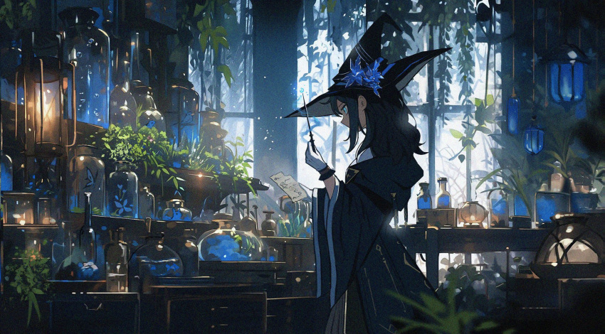 1girl, black_robe, blue_eyes, bottle, bug, butterfly, drawer, flower, gloves, hanging_plant, hat, hat_flower, highres, holding, holding_paper, holding_wand, lantern, magic, mizuiro_abokado, original, paper, plant, robe, solo, wand, white_gloves, wide_sleeves, witch, witch_hat