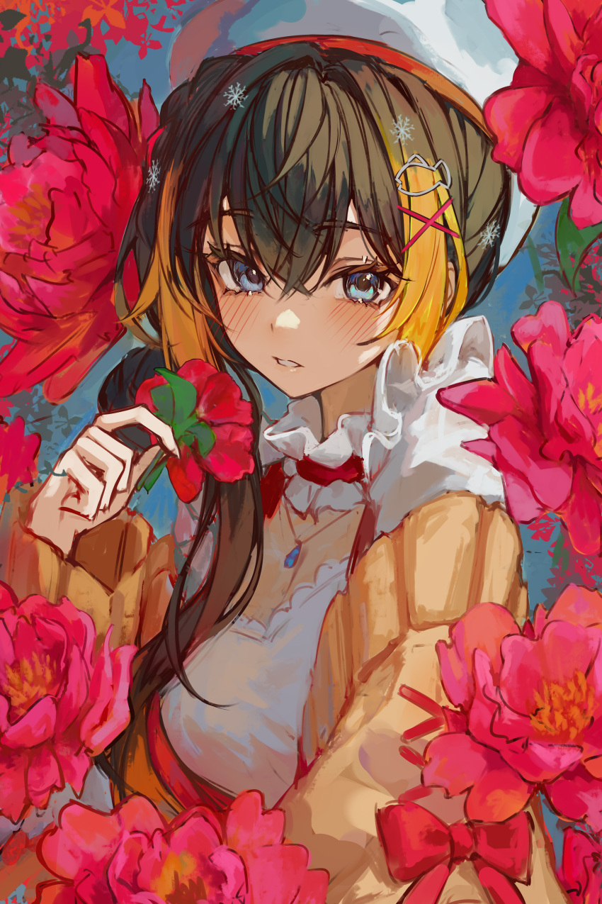 1girl, absurdres, blue_eyes, blush, brown_hair, cardigan, fish_hair_ornament, flower, hair_ornament, hat, highres, holding, holding_flower, jewelry, long_hair, looking_at_viewer, multicolored_hair, naokomama, necklace, nijisanji, nijisanji_en, orange_hair, petra_gurin, petra_gurin_(3rd_costume), snowflake_hair_ornament, solo, streaked_hair, virtual_youtuber, white_headwear, x_hair_ornament