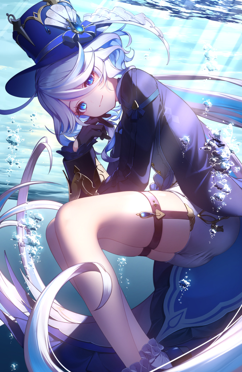1girl, absurdres, air_bubble, asymmetrical_gloves, black_gloves, black_straps, blue_bow, blue_brooch