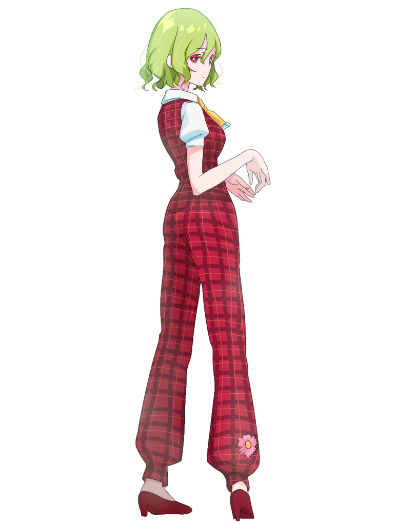 1girl, ascot, commentary_request, from_behind, full_body, green_hair, high_heels, kazami_yuuka