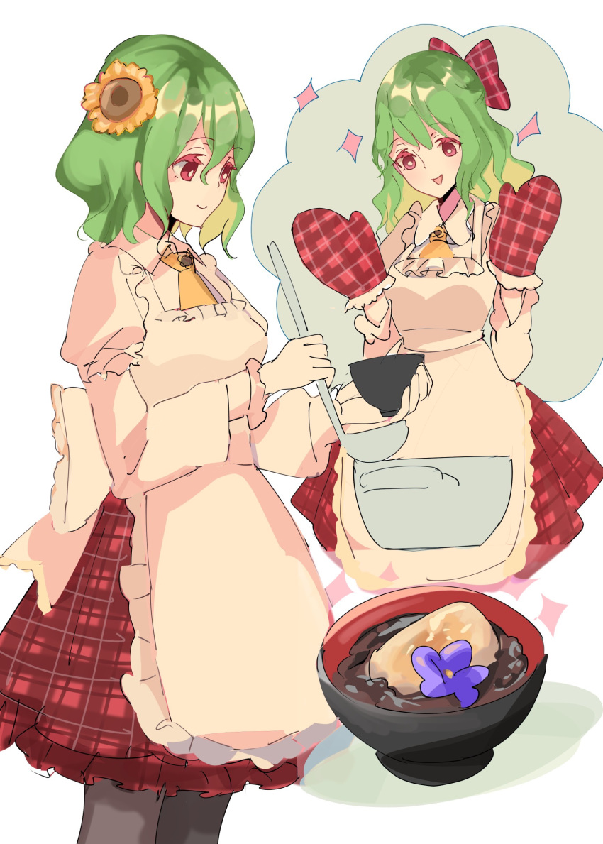 1girl, absurdres, apron, ascot, black_pantyhose, bow, bowl, commentary_request