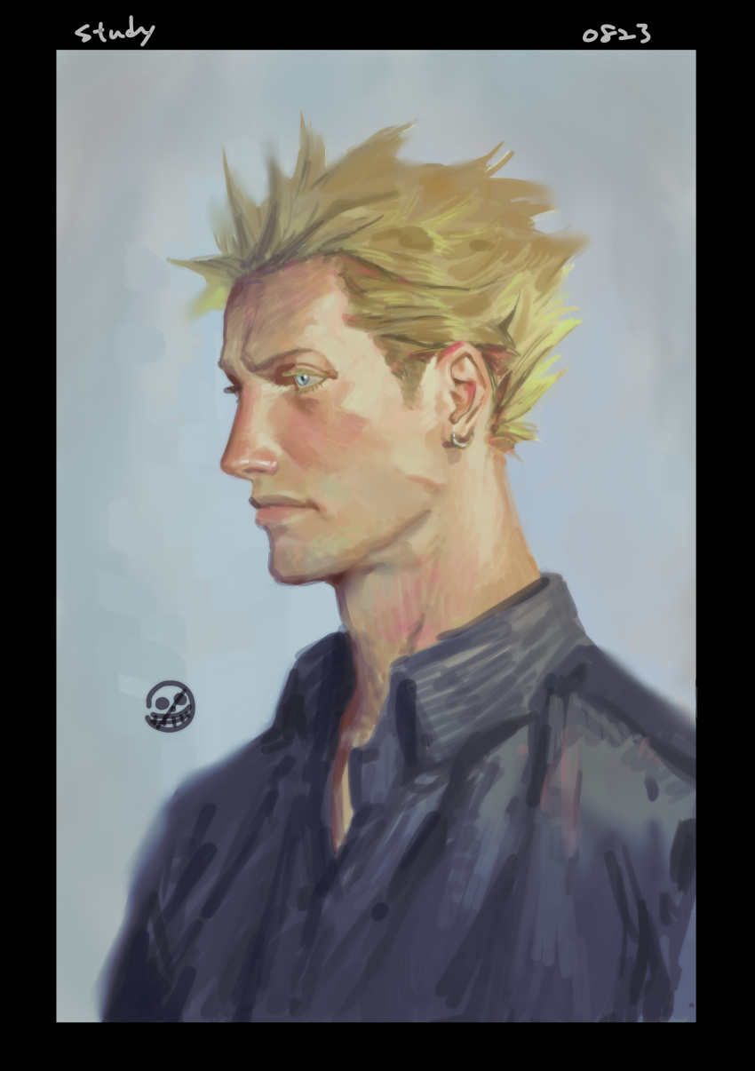 1boy, absurdres, aged_down, black_shirt, blonde_hair, blue_eyes, closed_mouth, collared_shirt