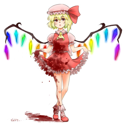 artist_request, blonde_hair, blood, bow, curtsey, flandre_scarlet, frills, hair_bow