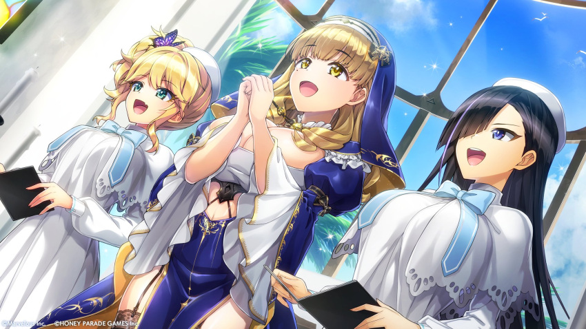 3girls, ayato_utae, black_hair, blonde_hair, blue_eyes, blue_sky, blunt_bangs, dolphin_wave