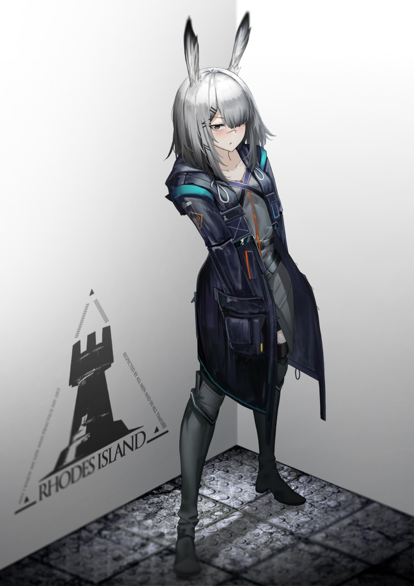 1girl, animal_ears, arknights, black_coat, black_footwear, blush, boots, closed_mouth