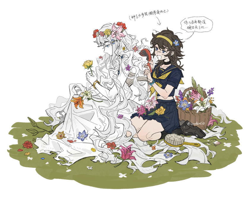 1girl, 1other, absurdres, basket, blue_sailor_collar, blue_serafuku, blue_shirt, blue_skirt, blush, brown_hair, brushing_hair, degrees_of_lewdity, flower, hair_flower, hair_ornament, hairband, head_wreath, highres, holding, holding_flower, ivory_wraith, lenereco, long_hair, open_mouth, pink_flower, player_character_(degrees_of_lewdity), pleated_skirt, rose, sailor_collar, school_uniform, serafuku, shirt, short_sleeves, simple_background, sitting, skirt, smile, sweat, white_background, yellow_hairband
