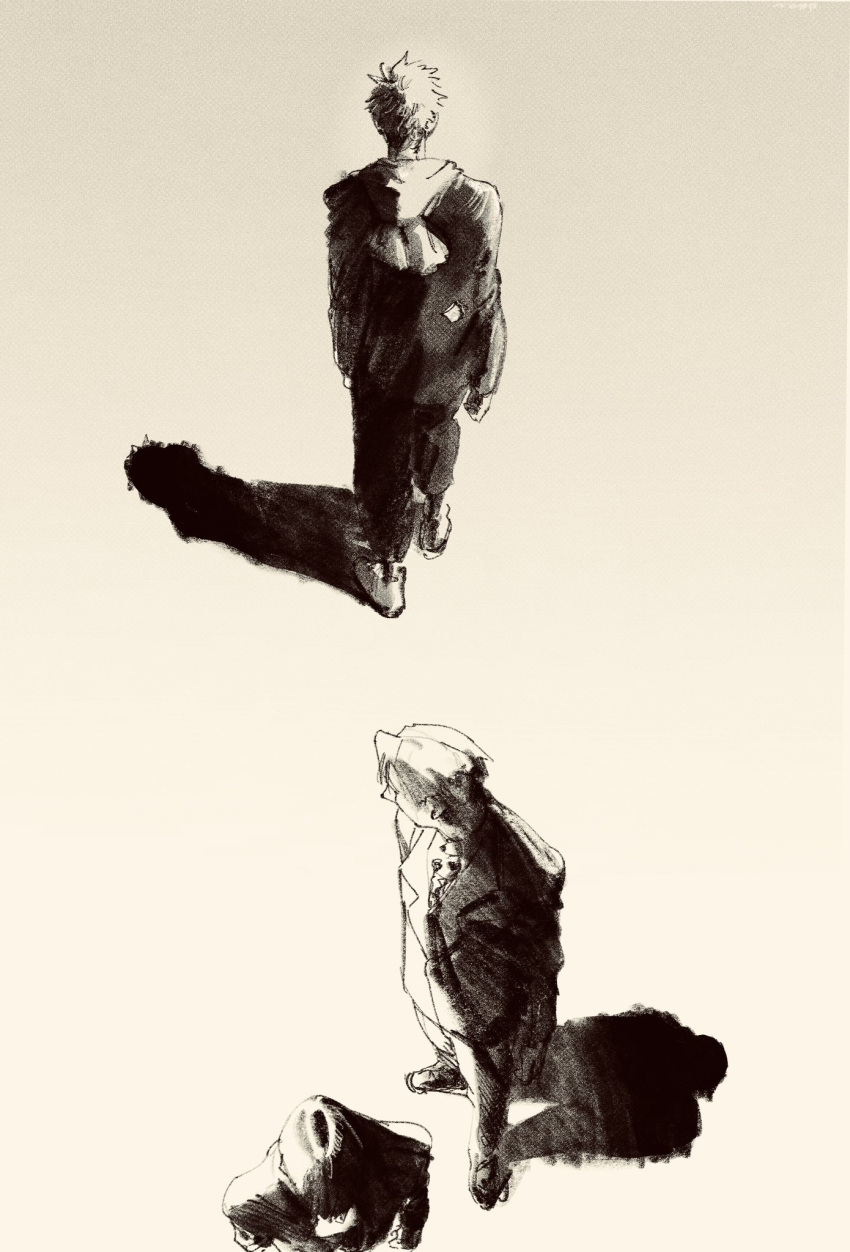 3boys, black_hair, black_jacket, business_suit, commentary_request, from_behind, from_below, full_body