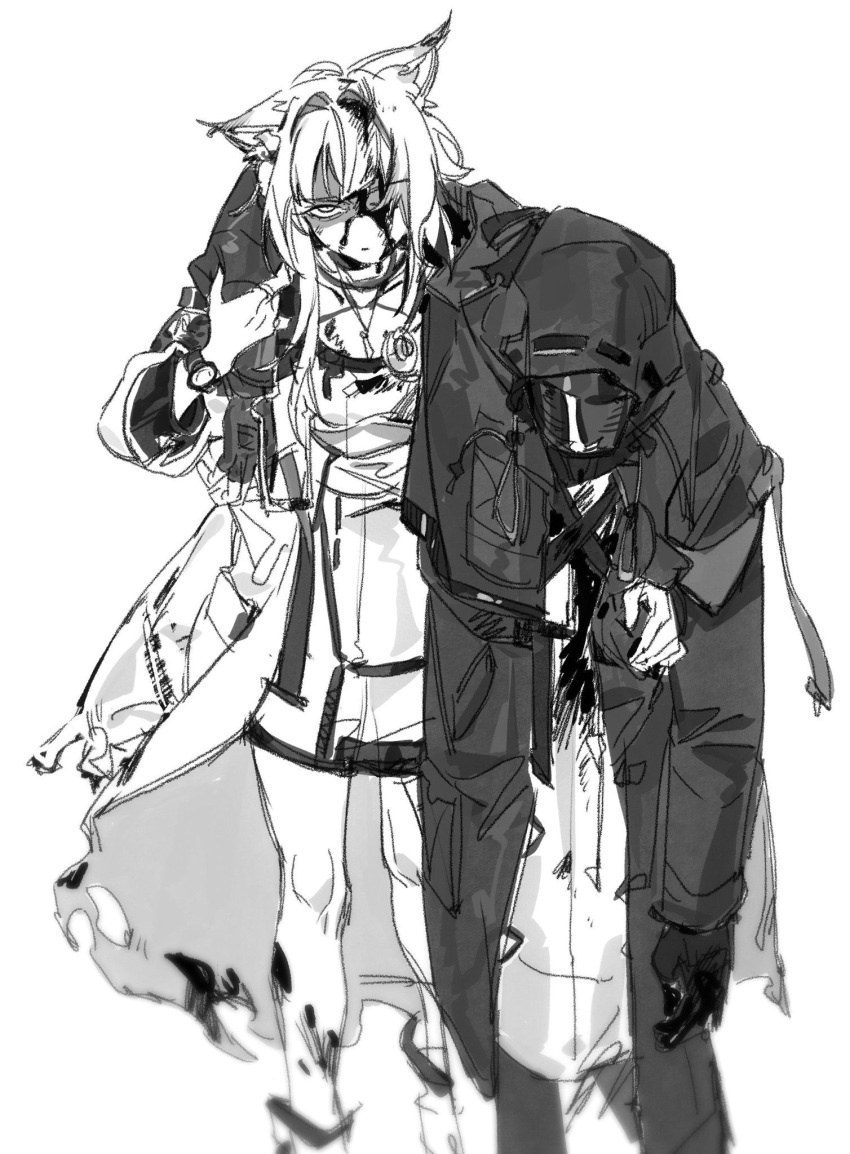 1girl, 1other, animal_ears, arknights, blood, blood_on_clothes, carrying, carrying_person, closed_mouth, doctor_(arknights), dress, fox_ears, gloves, greyscale, highres, hood, hood_up, hooded_coat, kal'tsit_(arknights), lab_coat, lenereco, long_sleeves, looking_at_viewer, monochrome, shaded_face, stethoscope, torn_clothes, watch