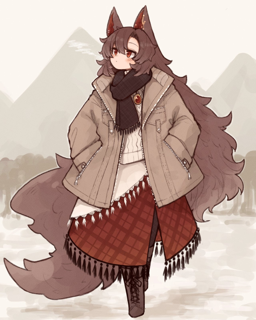 1girl, animal_ears, black_scarf, black_tassel, boots, brooch, brown_coat, brown_footwear