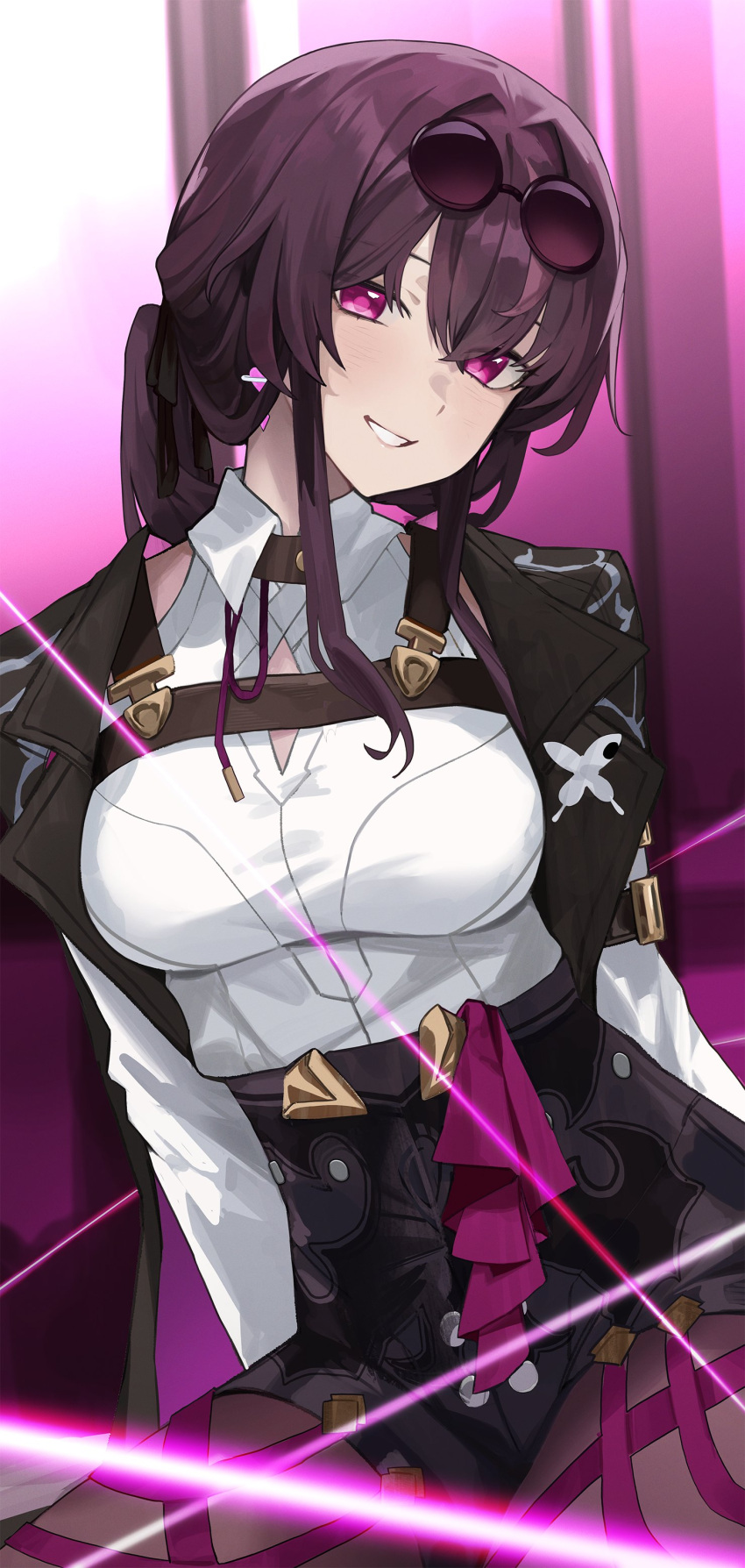 1girl, absurdres, black_jacket, breasts, collared_shirt, cosplay, earrings, eyewear_on_head