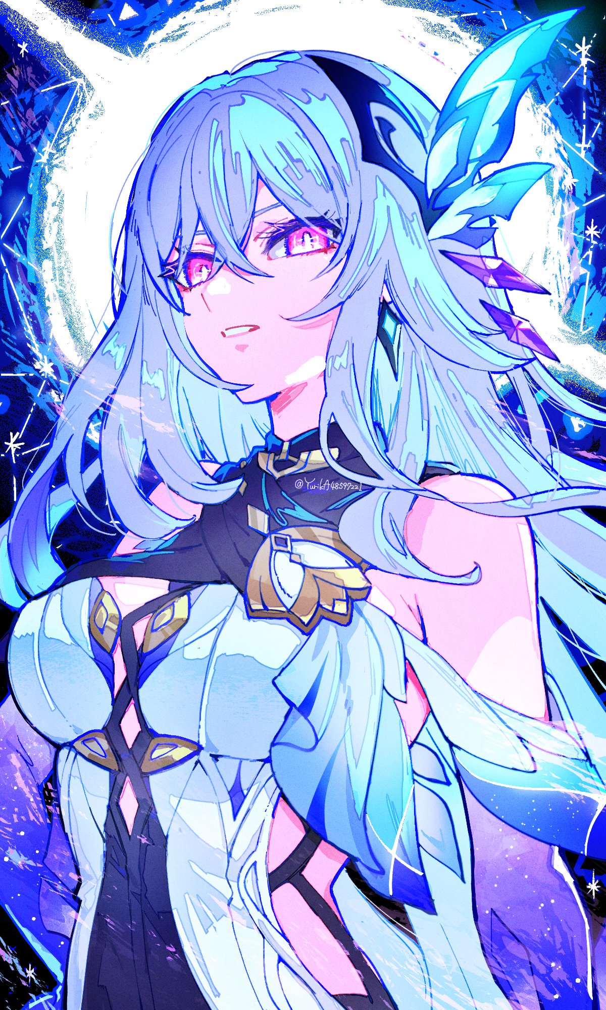 1girl, armpit_crease, bare_shoulders, breasts, butterfly_hair_ornament, detached_sleeves, genshin_impact, gradient_sleeves, grey_hair, hair_between_eyes, hair_ornament, highres, long_hair, looking_at_viewer, medium_breasts, parted_lips, pink_eyes, purple_sleeves, skirk_(genshin_impact), solo, upper_body, yurika48597221