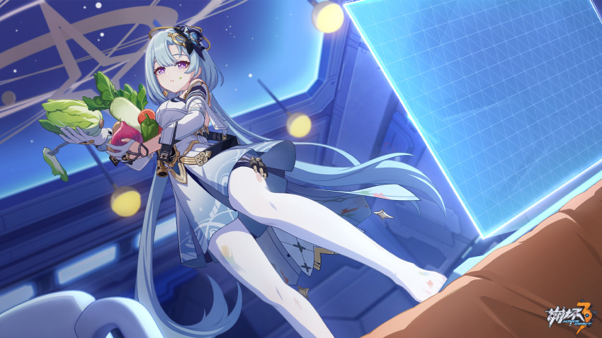 1girl, blue_hair, blue_theme, breasts, chinese_commentary, cup, earrings, food, fruit, gloves, griseo, griseo_(cosmic_expression), highres, holding, holding_food, honkai_(series), honkai_impact_3rd, jewelry, large_breasts, light_blue_hair, logo, long_hair, official_art, official_wallpaper, screen, solo, twintails, vegetable, very_long_hair, violet_eyes, white_gloves