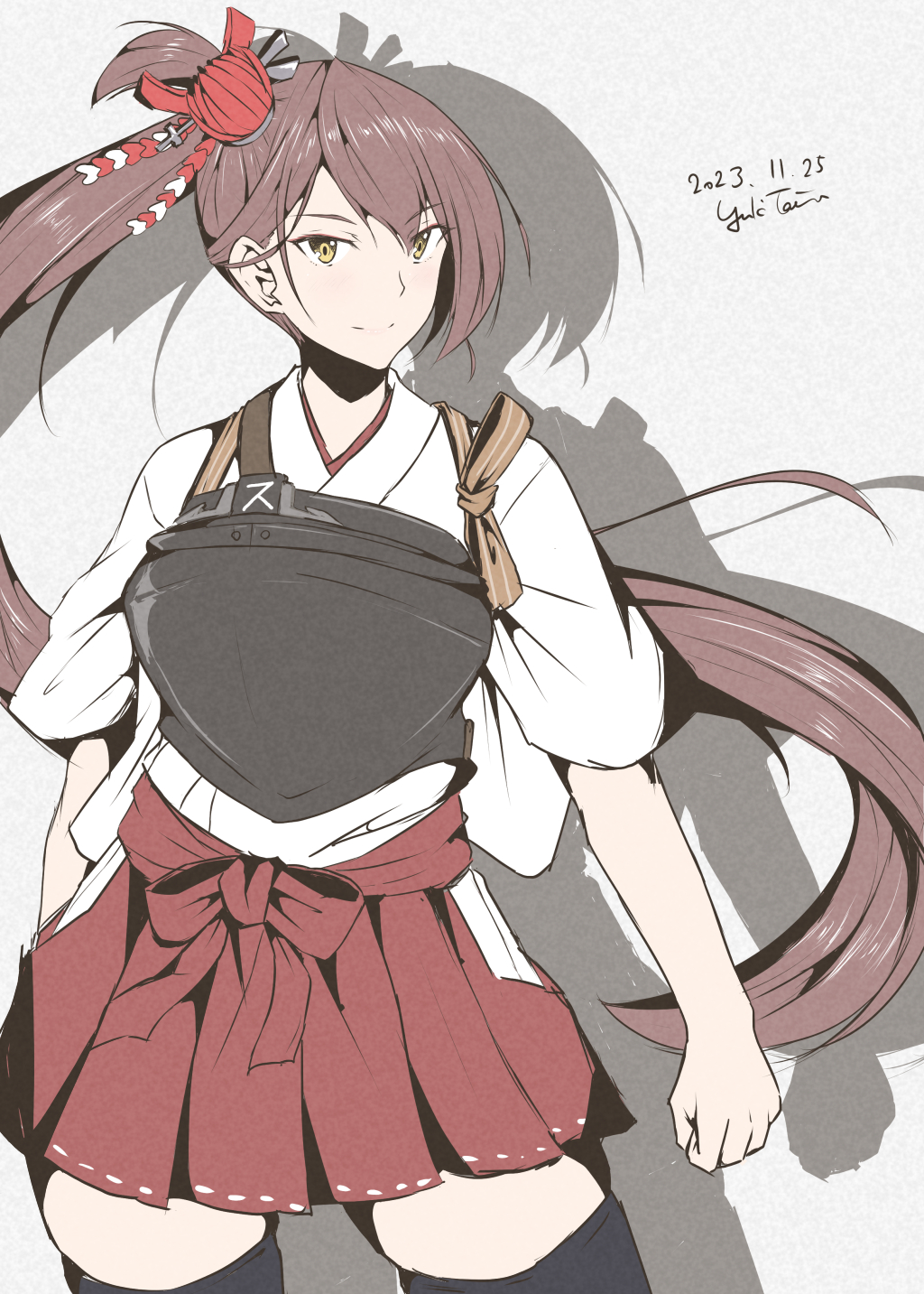 1girl, alternate_costume, artist_name, azur_lane, blush, breasts, brown_hair, cosplay, cowboy_shot, dated, hair_ribbon, hakama, hakama_short_skirt, hakama_skirt, highres, japanese_clothes, kantai_collection, large_breasts, long_hair, looking_at_viewer, muneate, ribbon, skirt, smile, solo, taira_yuuki, thigh-highs, very_long_hair, white_background, yellow_eyes, zuikaku_(azur_lane), zuikaku_(kancolle), zuikaku_(kancolle)_(cosplay)