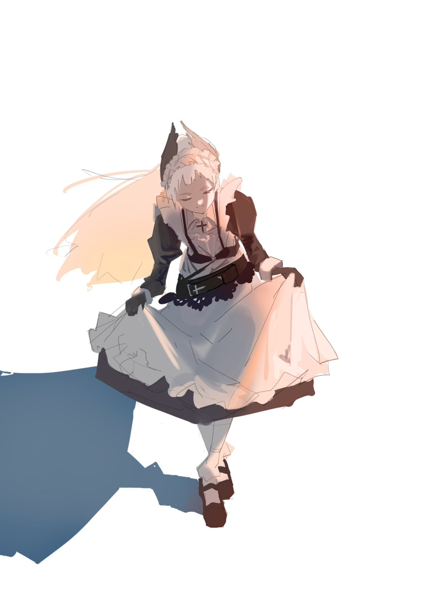 1girl, apron, apron_hold, arknights, black_dress, black_footwear, closed_eyes, dress, feather_hair, full_body, head_wings, highres, irene_(arknights), irene_(voyage_of_feathers)_(arknights), juliet_sleeves, long_hair, long_sleeves, maid, maid_apron, maid_headdress, no_scar, official_alternate_costume, omchee, pantyhose, ponytail, puffy_sleeves, shadow, shoes, simple_background, sleeve_cuffs, smile, solo, white_apron, white_background, white_hair, white_pantyhose, wings