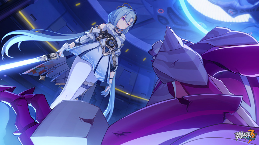 1girl, bare_shoulders, blue_lightsaber, chinese_commentary, earrings, energy_sword, griseo, griseo_(cosmic_expression)