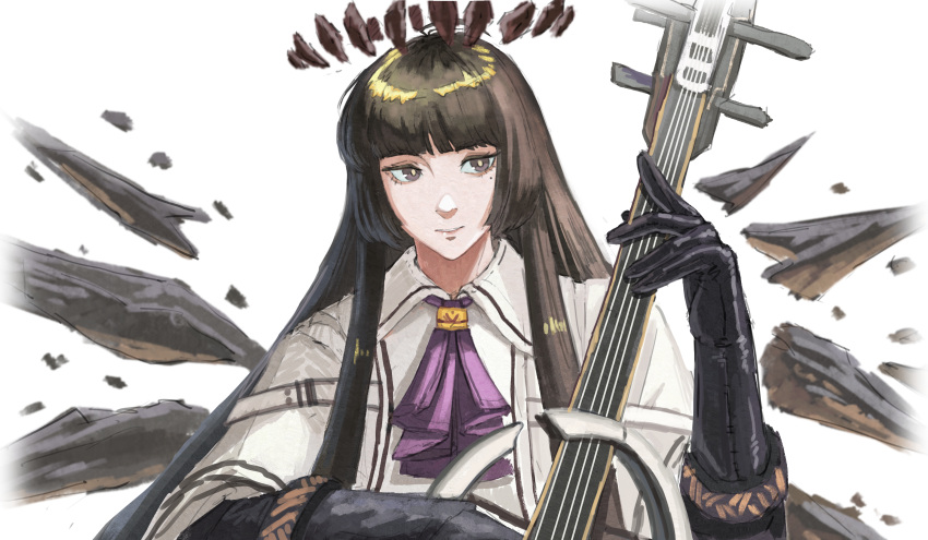 1girl, absurdres, arknights, ascot, belt, belt_buckle, black_gloves, black_hair, black_halo, black_sleeves, black_wings, blunt_bangs, broken_halo, buckle, cello, chinese_commentary, collared_jacket, commentary_request, dark_halo, detached_wings, energy_wings, gloves, halo, hand_up, highres, hime_cut, holding, holding_instrument, holding_violin, instrument, jacket, kookaburrarex, layered_sleeves, light_smile, long_hair, long_sleeves, looking_at_object, looking_to_the_side, mole, mole_under_eye, music, pale_skin, parted_lips, playing, playing_instrument, purple_ascot, shadow, short_over_long_sleeves, short_sleeved_jacket, short_sleeves, sidelocks, sideways_glance, simple_background, solo, standing, straight-on, teeth, upper_body, very_long_hair, vignetting, violet_eyes, violin, virtuosa_(arknights), white_background, white_belt, white_jacket, wide_sleeves, wing_collar, wings, yellow_pupils