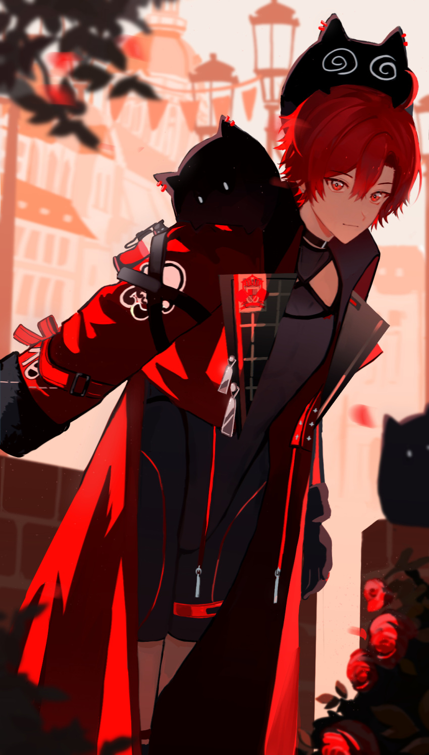1boy, ahoge, black_bodysuit, black_choker, black_gloves, bodysuit, choker, creature