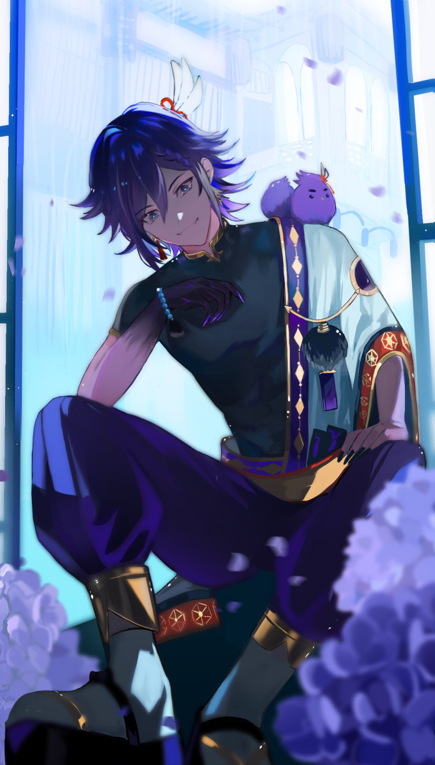 1boy, animal_on_shoulder, banzoin_hakka, bead_bracelet, beads, bird, bird_on_shoulder, black_footwear
